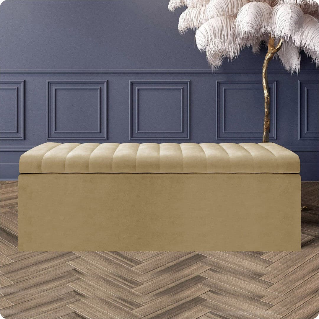 R&M Furnishers Safar Wide Velvet Rectangle Solid Color Standard Ottoman Box with Storage Mink Plush Velvet 180 cm