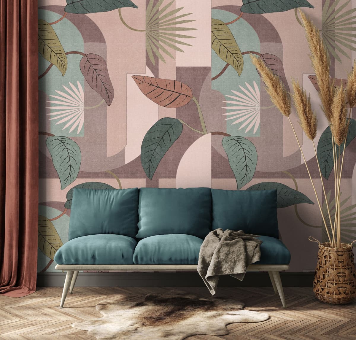 Vliestapete LIVING WALLS "LIMITED – Retro Blätter Collage Fototapete", bunt (rosé), B:1,59m H:0m L:2,8m, Vlies, Tapeten, Vliestapete, Grafische Blätter und Flächen im farbstarken Retro-Look