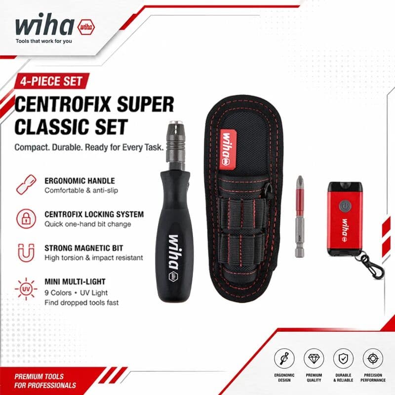 Wiha 80196C Black Forest Classic 4-Piece Set Includes A Screwdriver Handle, Bits, Handheld Light, And Tool Bag.