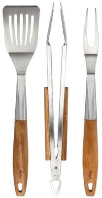 Oster 3 Piece Stainless Steel and Wood BBQ Tool Set in Brown