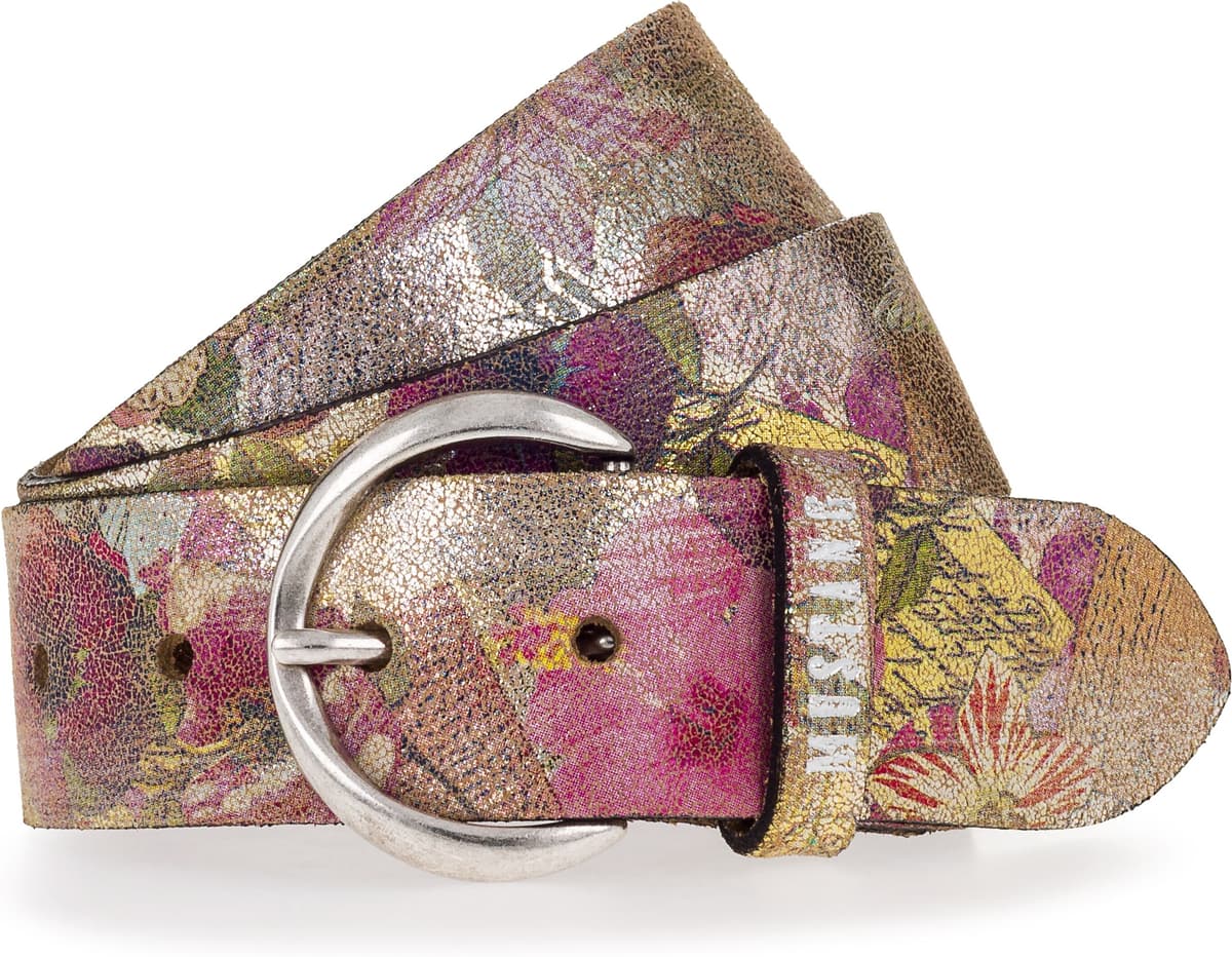 Ledergürtel MUSTANG "Amy", Damen, Gr. 100, bunt (multicolour, gold), Rindsleder, geblümt, mehrfarbig, Gürtel Ledergürtel, mit floralem oder Animal-Design, 4 cm breit