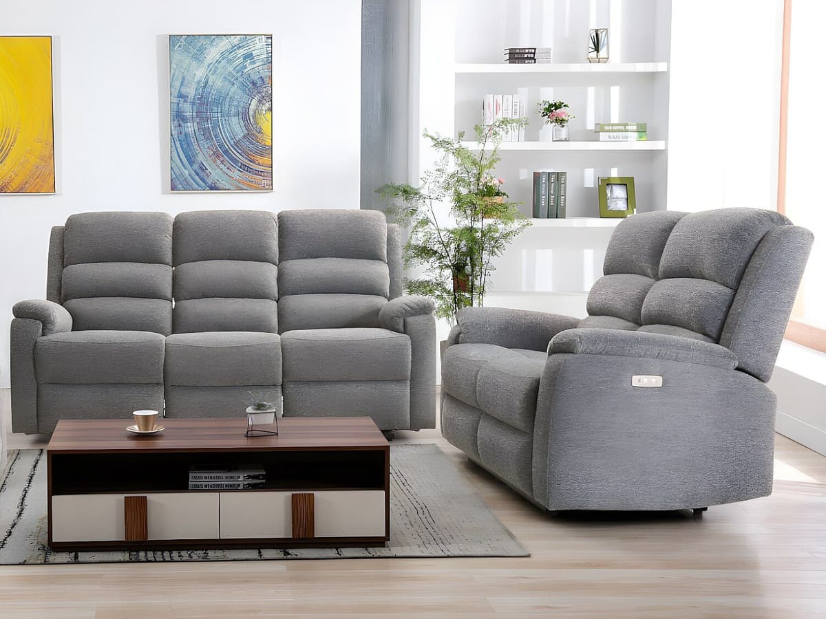 Unique Kanapa 3+2 z tkaniny z elektryczną funkcją relax NEVERS - Szara