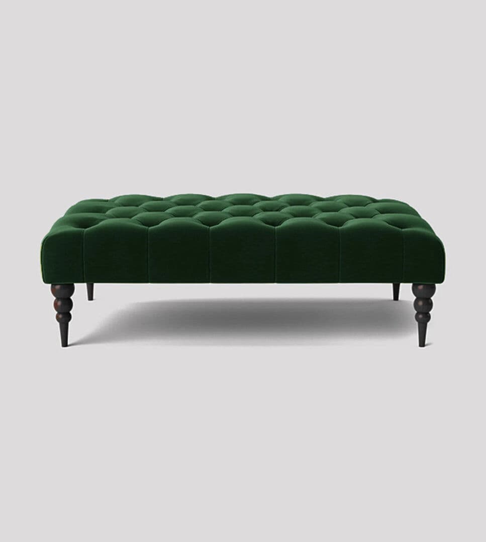 R&M Furnishers Alyana Rectangle Ottoman Bench with Wooden Legs - Plush Velvet Chesterfield Upholstered Footstool Forest Green 35cm H x 120cm W x 50cm D