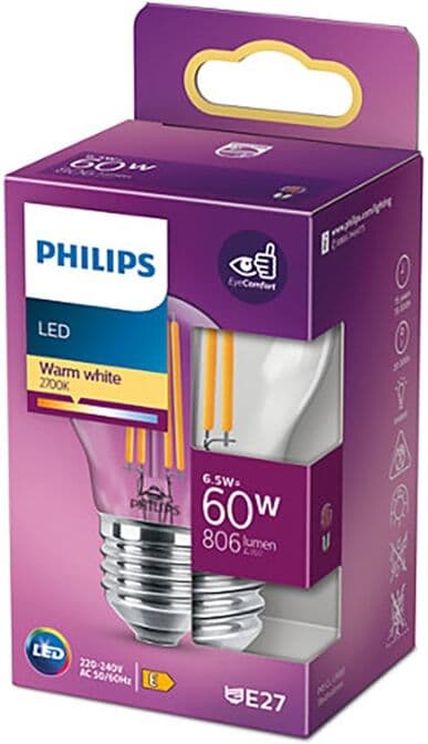 Philips E27 LED Warm White Filament Ball Bulb 6.5W LPH02374