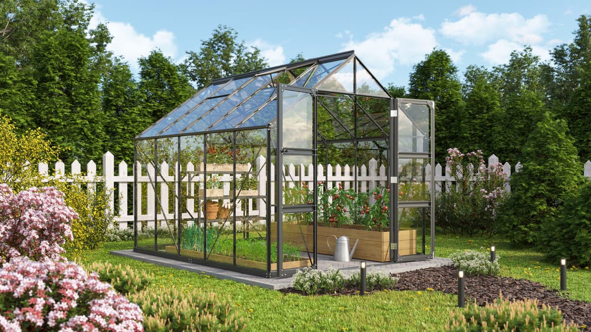 Gewächshaus VITAVIA "Domus 8300", schwarz, B:257cm H:253,9cm T:325cm, Gewächshäuser, Gewächshaus, Doppelschwingtüren und bodentiefer Türschwelle, 3 mm Sicherheitsglas