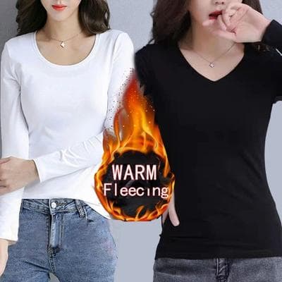 Uplifted Finds O Neck Long Sleeve Fleece Heating Fiber Thermal T Shirt Women Winter Bottoming Cropped Top Casual Skinny All Match s v neck White