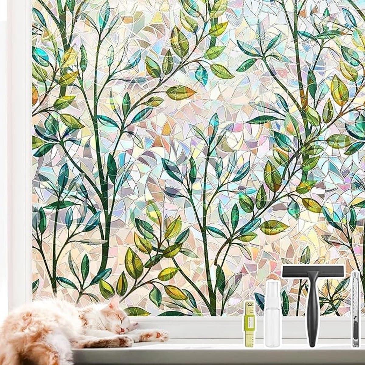 Decoratieve raamfolie met bladerpatroon voor privacy en zonwering