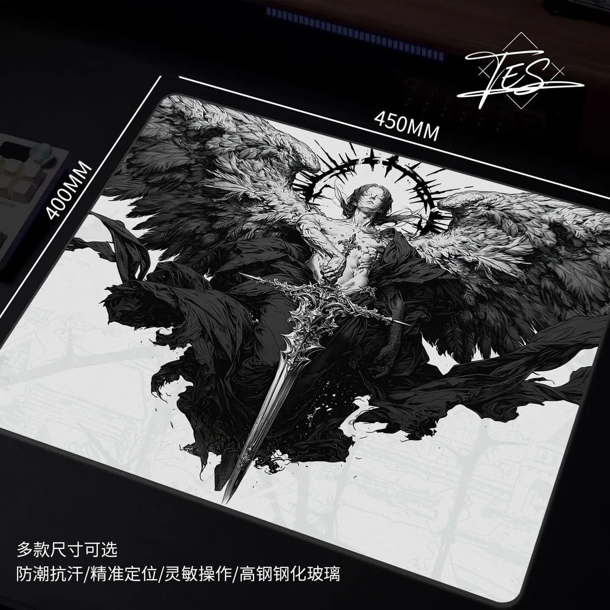NONE Tempered Glass Mouse Pad Fallen Angel Art Hard Mouse Mat Waterproof Anti Slip Frosted Mousepad Laptop Gamers Desk Decoration