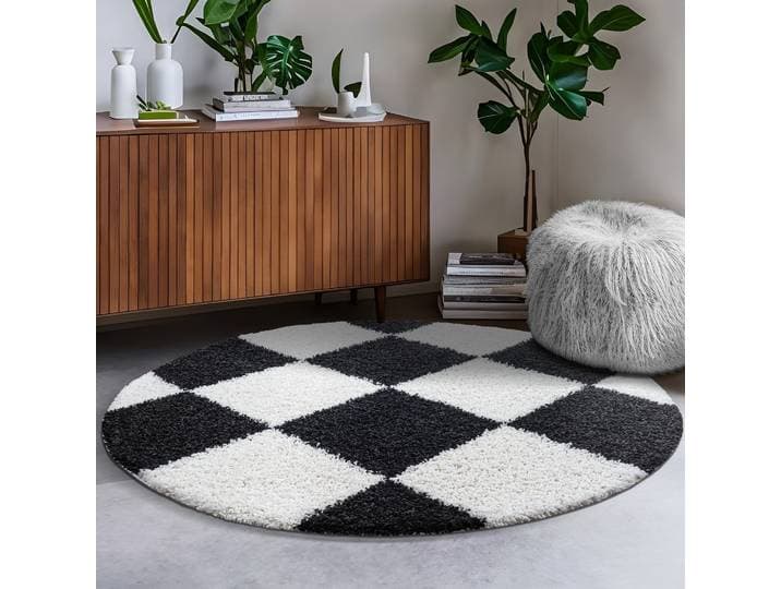 Hochflor-Teppich SANAT Milano 1250, auch als Läufer und in Rund , schwarz, H:30mm Ø:80cm, Kunstfaser, Teppiche, Hochflor-Teppich, Hochflor, Shaggy, Karo, Wohnzimmer, Schlafzimmer