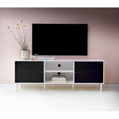 TV-Board HAMMEL FURNITURE "Mistral Fernsehschrank, Medienmöbel", schwarz (weiß, schwarz stoff), B:161,5cm H:56cm T:45cm, Holzwerkstoff, MDF, Massivholz, Stoff, Sideboards, TV-Board, zwei Türen mit Akustikstoff, 6 Holz Füße, Lowboard: B: 161,5 cm