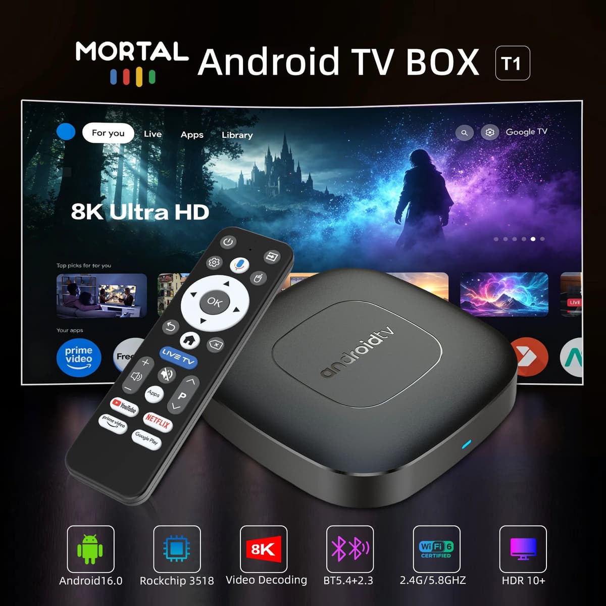 MORTAL TV Box Android 16 Google Assistant Voice Control 8GB 128GB 256G 4K Wifi6 BT5.0 T1 RK3518 4K Video Media Player TV Set Top Box