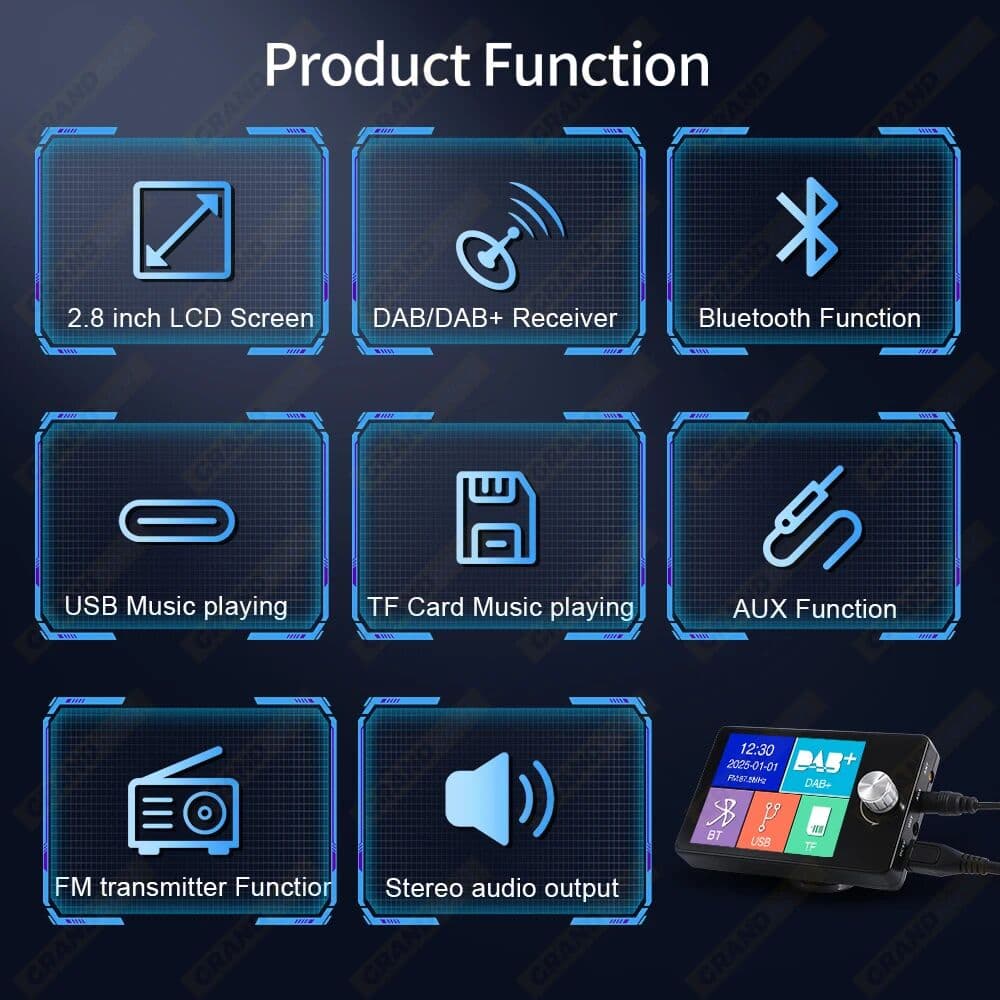 grandnavi DAB+ Car Digital Radio FM Receiver BT SD TF MP3 Player 2.8 Inch Screen DAB for European Car Audio Signal Broadcasting Phone Call