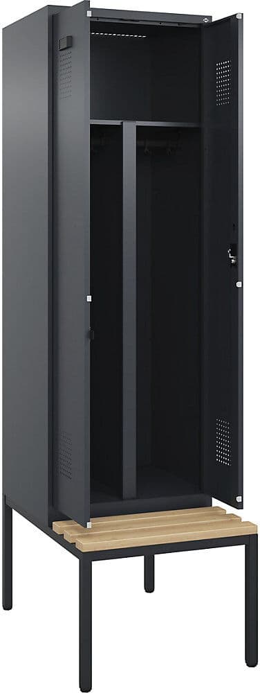 kaiserkraft Schwarz-Weiß-Spind Evolo PLUS Sitzbank, 2 Abteile, verkürzte Trennwand mittig, grau, B 600 mm, Zylinderschloss, mit untergebauter Sitzbank, Buche