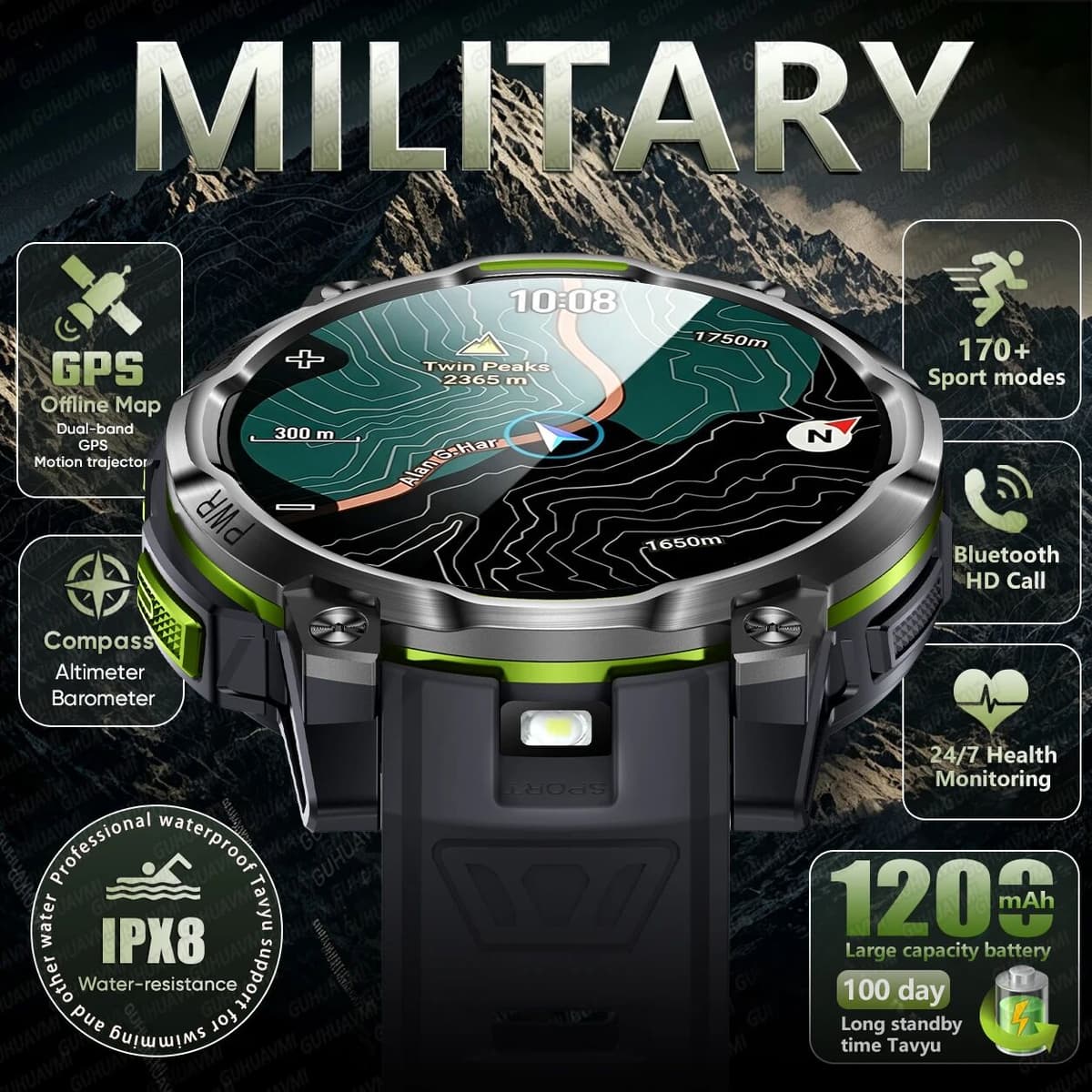 GUHUAVMI 2026  GPS Offline Map Smart Watch Men 1200mAh Battery IPX8 Waterproof Compass Altimeter  Flashlight Bluetooth Call Smartwatch