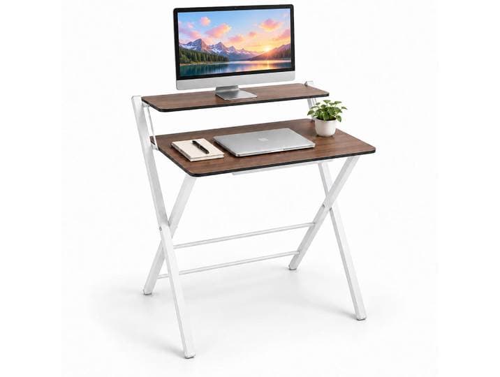 Relaxdays Schreibtisch Weiß klappbar mit Monitoraufsatz 70x56 cm, Holzwerkstoff, Metall, 70x82x56 cm, Büromöbel, Schreibtische, Bürotische