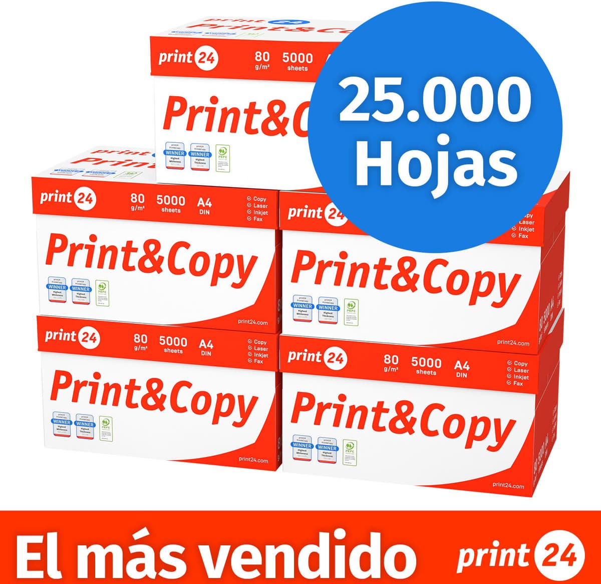 print24 Papel de impresora Papel de copia 25000 hojas 50 x 500 A4 Premium blanco brillante CIE 160 Certificado por el PEFC