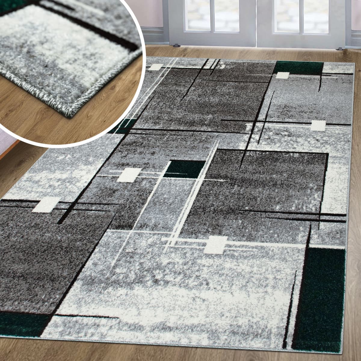 Teppich GOODPRODUCT "Deblin" Gr. 1, grün (dunkelgrün), B:60cm H:9mm L:90cm, Kunstfaser, Teppiche, Teppich, weicher Flor, Kurzflor, Karo-Design, modern, geometrisches Muster dunkelgrün B : 60cm 1 Stk., 9mm, L: 90cm