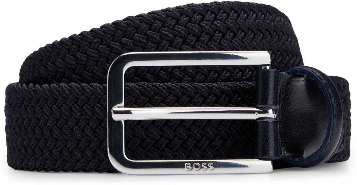 Flechtgürtel BOSS "Clorio", Herren, Gr. 110, blau (navy), Kunstfaser, unifarben, Gürtel Flechtgürtel, mit BOSS Logo-Schriftzug auf der Schließe und Leder-Schlaufe