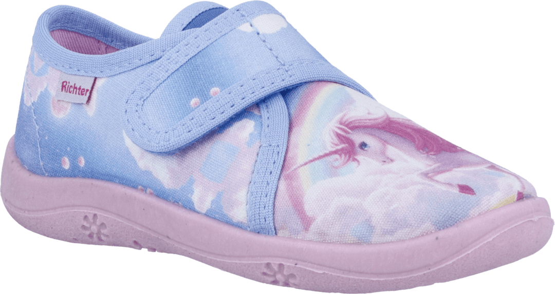 Hausschuh RICHTER "Mia", Mädchen, Gr. 27, Baumwolle, blau kombiniert, Schuhe Hausschuh, Klettschuh, mit schönem Fantasy-Motiv, Grössenschablone zum Download blau kombiniert 27, Baumwolle