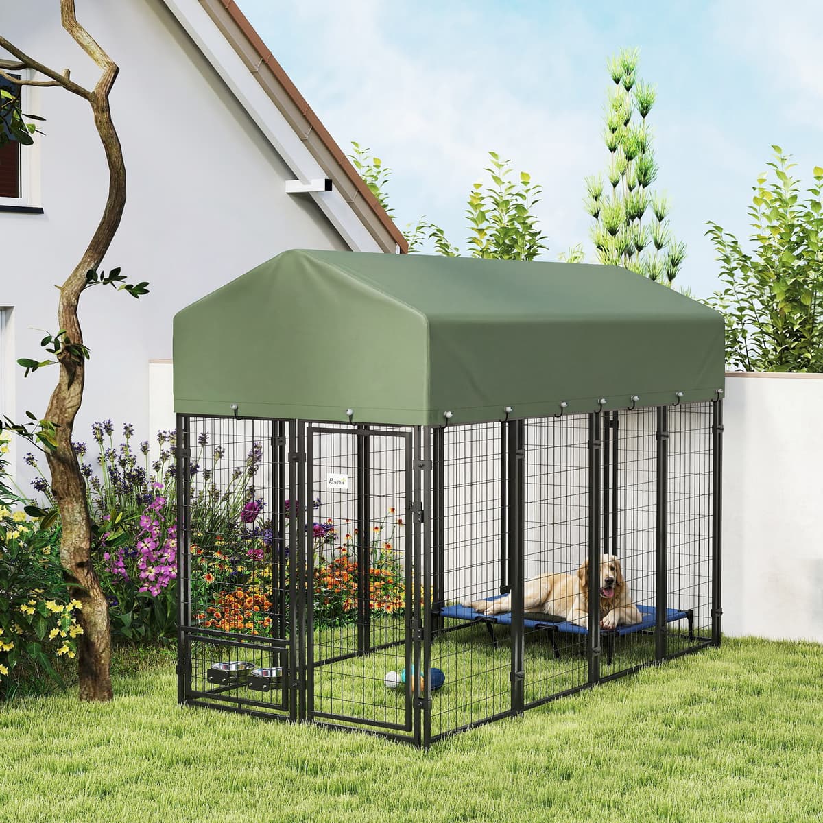 Pawhut Recinto per Cani da Esterno in Acciaio con Tetto in Tessuto Oxford, Anti-UV, Impermeabile, 2 Ciotole, Verde   Aosom Italy