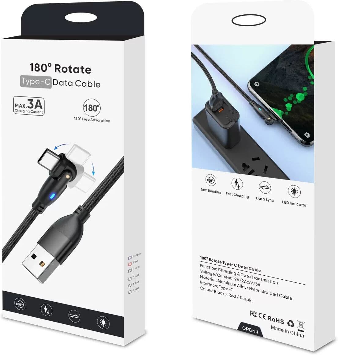 INF Lot de 2 câbles de charge USB vers Type-C rotatifs à 180° - Charge rapide et transfert de données Le noir 3 m