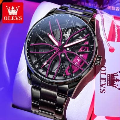 Inspired Finds OLEVS Car Rim Men's Quartz Watch Stainless Steel Car Wheel Watch Waterproof Sport Wristwatch purple