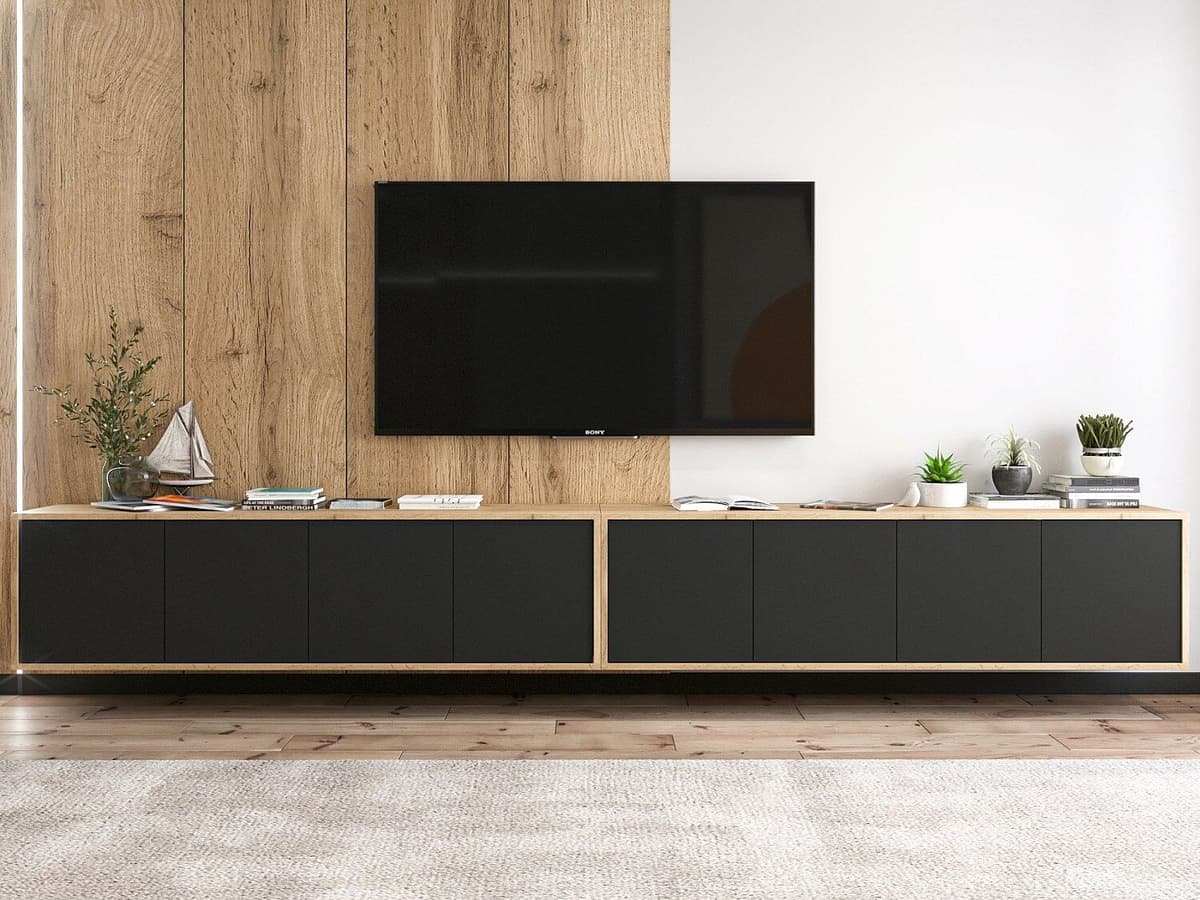 Mueble de TV con 8 puertas - estructura en roble Wotan, frentes negro mate - 300 cm