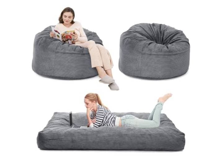 GarveeMore XXL Sitzsack-Sessel & Gästebett, Hellgrau, Full Ø110×70 cm Cordbezug abnehmbar/waschbar, Memory-/High-Density-Schaum, ohne Montage, für Wohnzimmer/Schlafzimmer – Matratze