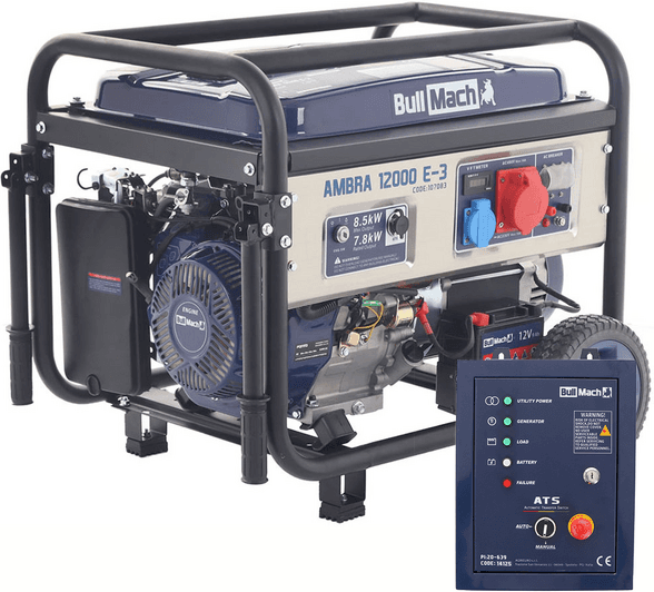 BullMach AMBRA 12000 E-3 - Generatore di corrente carrellato a benzina con AVR 8.5 kW - Continua 7.8 kW Trifase + ATS
