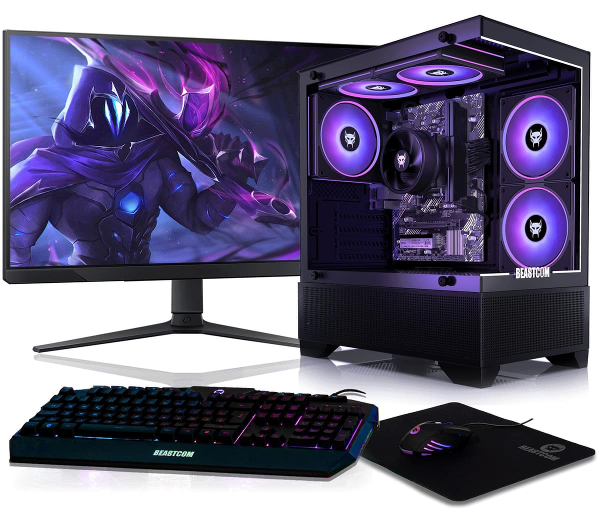 BEASTCOM Q3 | Essential Gaming PC | Komplett-Set | AMD Ryzen 5 4X4,20 GHz 8 Threads | 4K Vega 11 Kern Grafik | 8GB RAM | 512GB SSD | Monitor LED 24" + Tastatur + Maus + Mauspad | WiFi | Windows 11 Pro