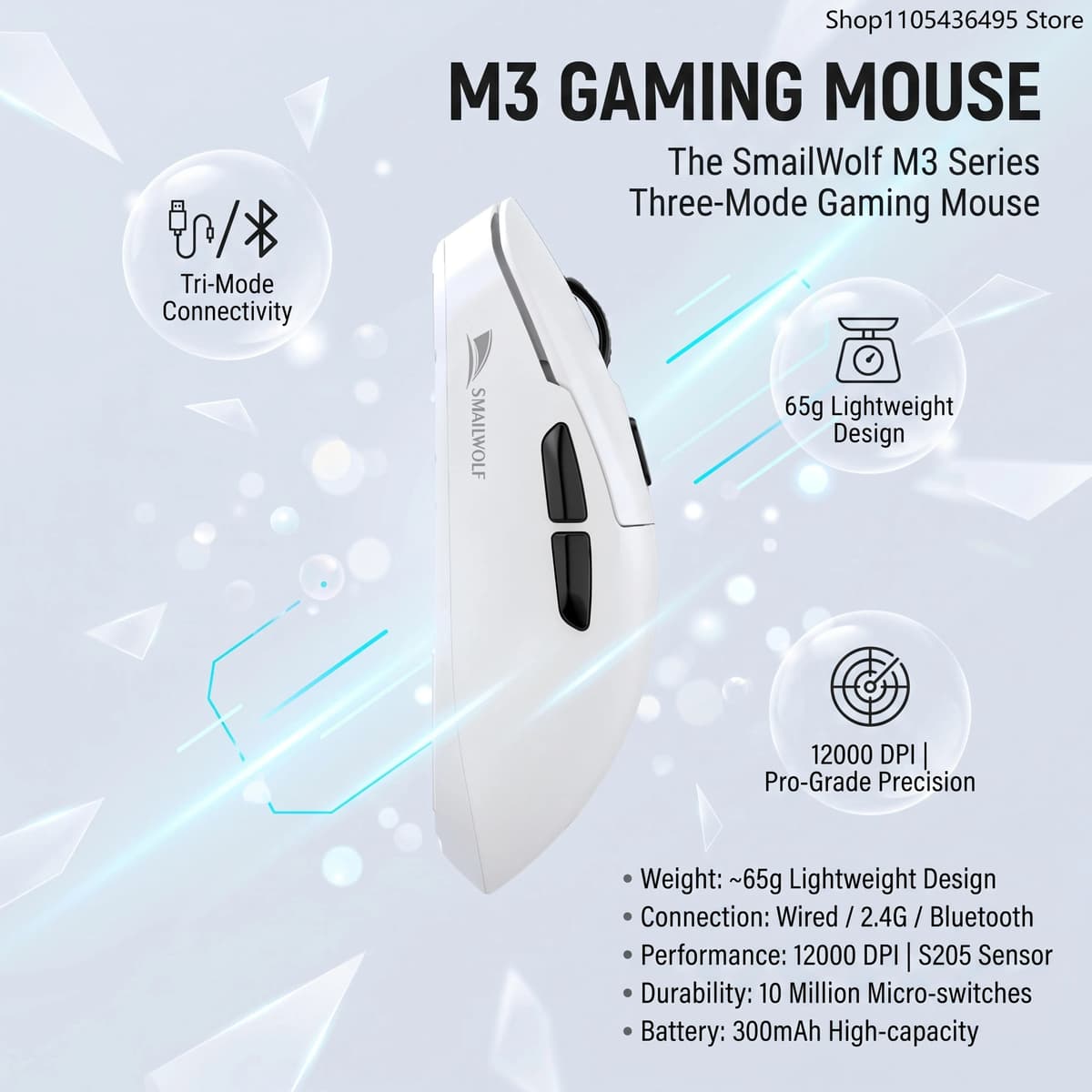 SMAILWOLF M3 M3Pro Tri-Mode Wireless Gaming Mouse 12000 DPI 1000Hz Bluetooth 2.4G USB-C M3Pro with Charging Dock for PC Laptop