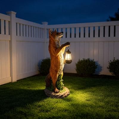 Kodotan sofa 28'' Fox Garden Statue with Hanging Solar Lantern, Resin Animal Sculpture, Outdoor Decor for Yard Lawn Patio Backyard
