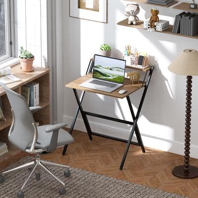 HOMCOM Small Folding Desk, 27.6 Inch Foldable Computer Desk with Monitor Shelf, Space Saving Portable Writing Table