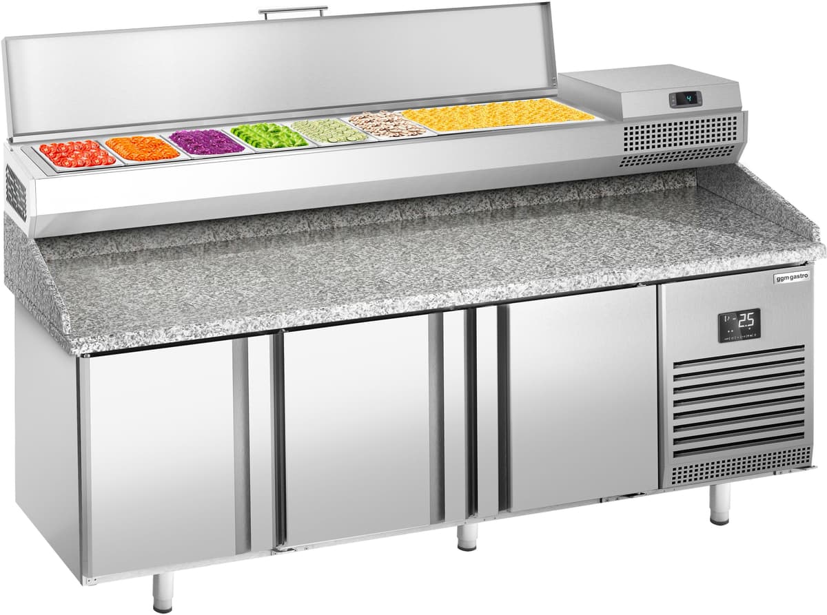 GGM Gastro Pizzawerkbank PREMIUM PLUS - 1980x700mm - met granieten werkblad - met 3 deuren - incl. opzetkoelvitrine - 9x GN 1/4 zilver