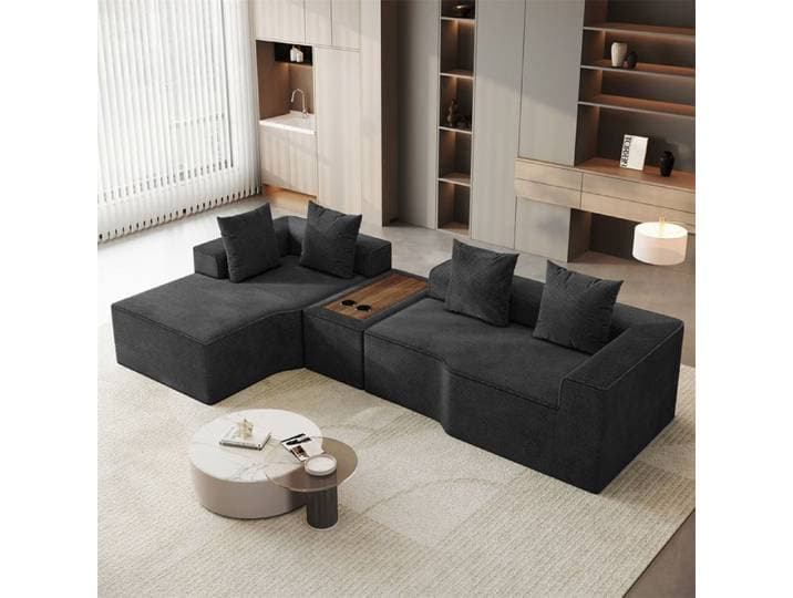 DRIPEX Canapé 4 places en forme de L gauche en velours côtelé avec table basse 2 porte-gobelets 4 coussins 320×152×59cm Noir