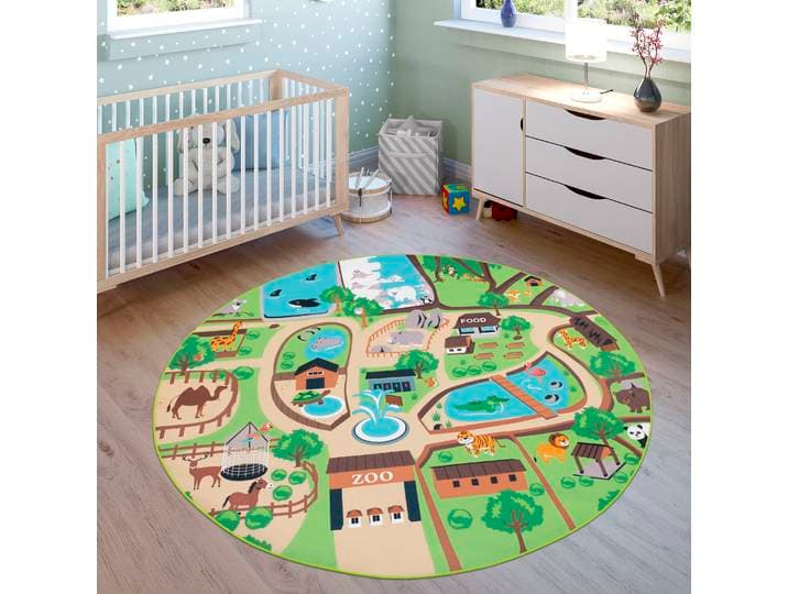 Kinderteppich PACO HOME Bino 563 , beige, H:4mm Ø:200cm, Polyester, Teppiche, Kinderteppich, Kurzflor, Straßen-Spiel-Teppich, Motiv Zoo, Kinderzimmer