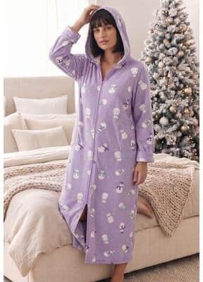 Plus Size Women's Long Hooded Fleece Sweatshirt Robe by Dreams & Co. in Pretty Violet Snowman (Size S)