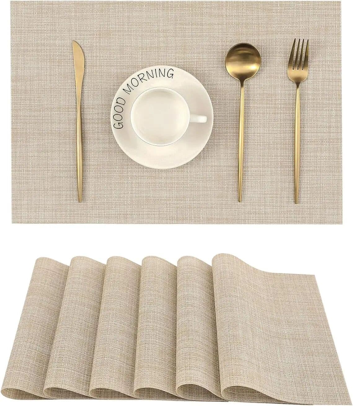 NONE 4PCS 30x45cm Washable Placemats Beige Heat Resistant Non-Slip Place Mats for Dining Table Placemats Woven Vinyl Durable