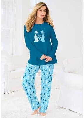Plus Size Women's Long Sleeve Knit PJ Set by Dreams & Co. in Deep Teal Cat (Size 30/32) Pajamas
