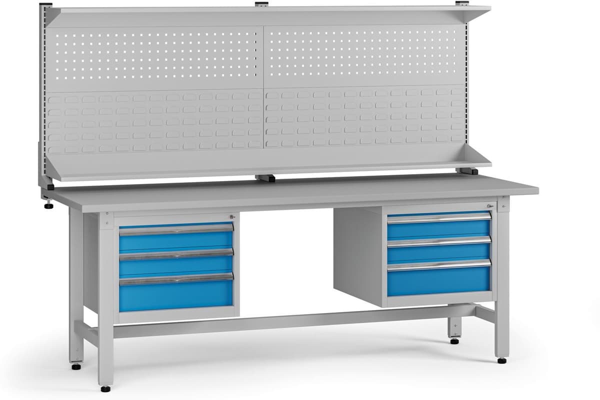 B2B Partner Stół warsztatowy z regulacją wysokości G5 z panelem, 2100 x 750 x 800-1000 mm, 2x kontener, 6x szuflada, niebieski