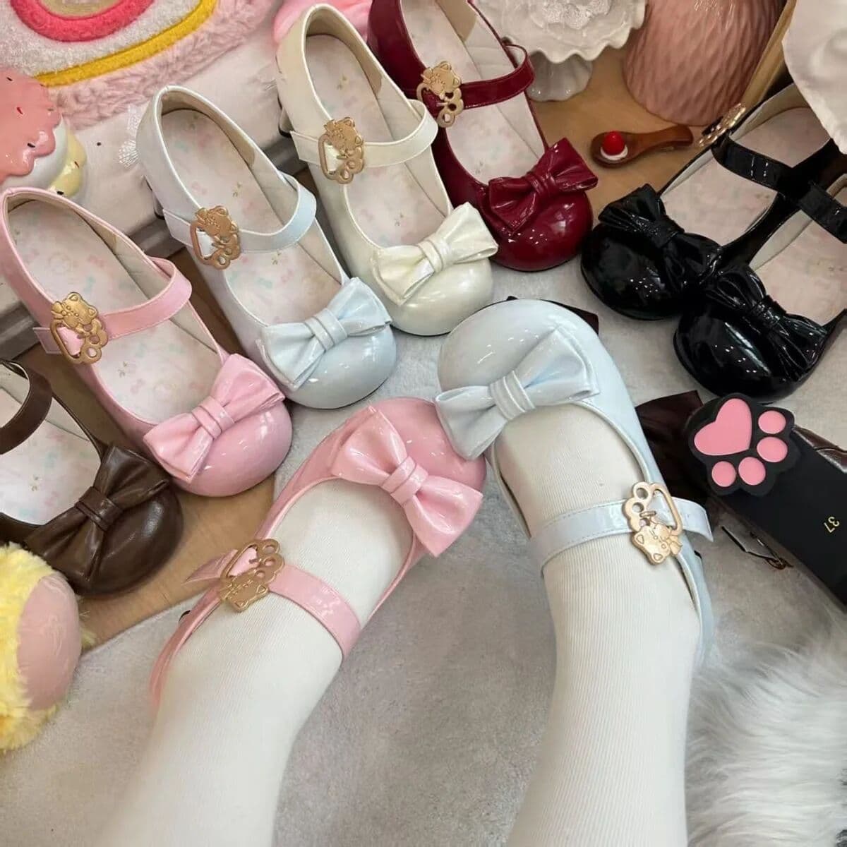 others Cute  Claw Mary Jane Lo Shoes Soft Feminine Women's Single Shoes round Head Lolita Sweet Style Basic Waterproof Rubber Sole