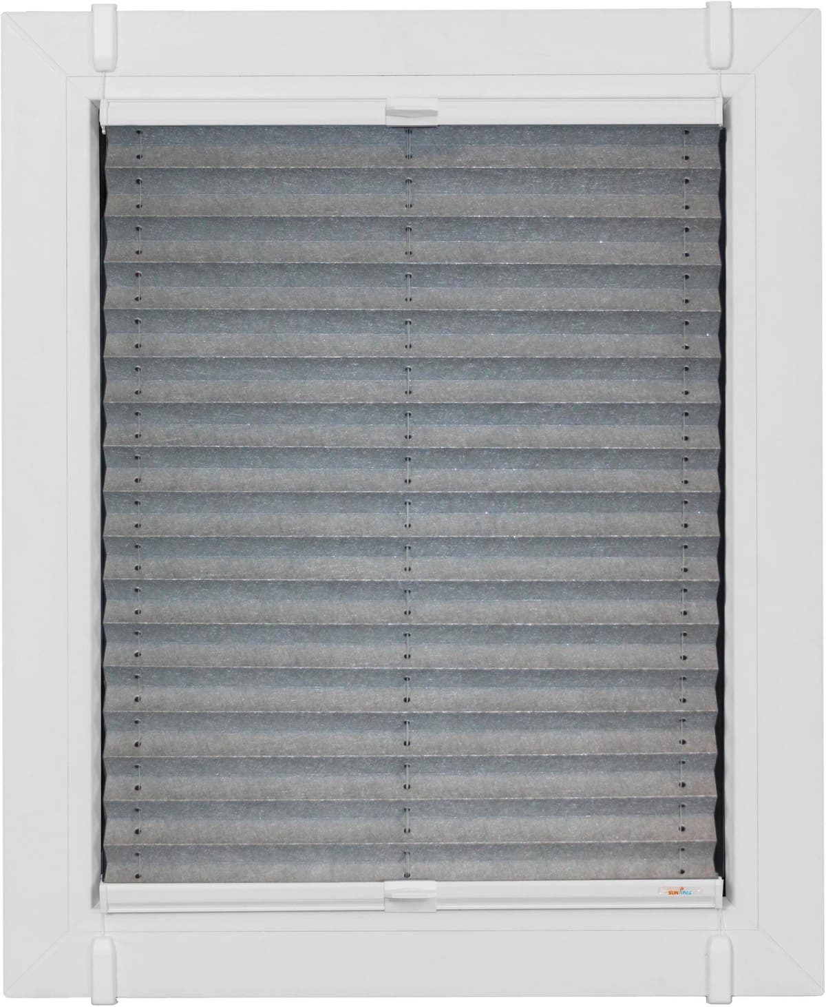 Plissee SUNLINES "Young Style Energy Saving, ohne Bohren, verdunkelnd, Klemmfix", silber (silberfarben, weiß, weiß), B:65cm H:75cm, Obermaterial: 100% Polyester, Plissees, Plissee, nach Mass, mit Energiespareffekt, verspannt mit Simply-Fix Klemmträger sil