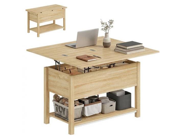 Table basse relevable et extensible table de salon avec compartiment caché étagère ouverte 100x45x50 5cm bois naturel