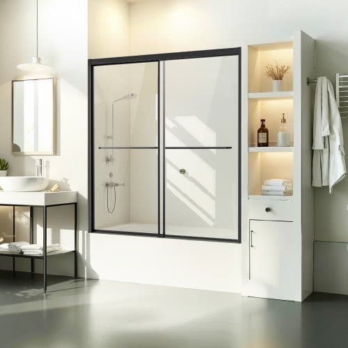 VEVOR Badkuip Douchedeur - Semi-frameloze bypass schuifdeur met gehard glas en roestvrijstalen handgreep - Transparant - Breedte: 142,2 cm, Hoogte: 152,4 cm