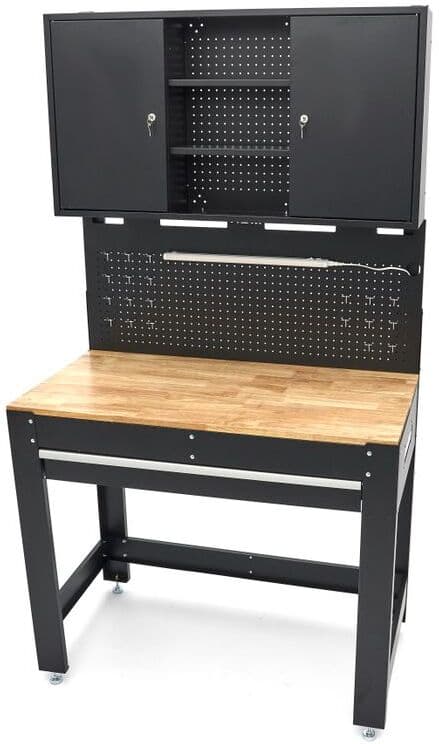 HBM banco da lavoro 115 cm con grande cassetto, parete con armadio e pannello posteriore, nero