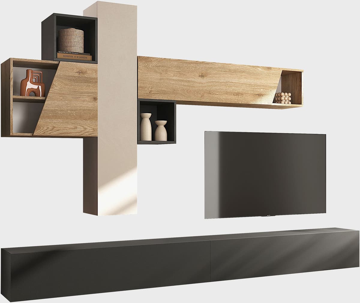 Wohnwand HOME AFFAIRE "Infinity, 6tlg. Breite 276 cm, moderne Mediawand", braun (cashmere, eiche cadiz nb, lava), B:276cm H:210cm T:30cm, Kastenmöbel-Sets, Wohnwand, (2x Lowboard hängend, Hängewürfel, 2x Hängeschrank, Würfelregal Set) cashmere, eiche cadi