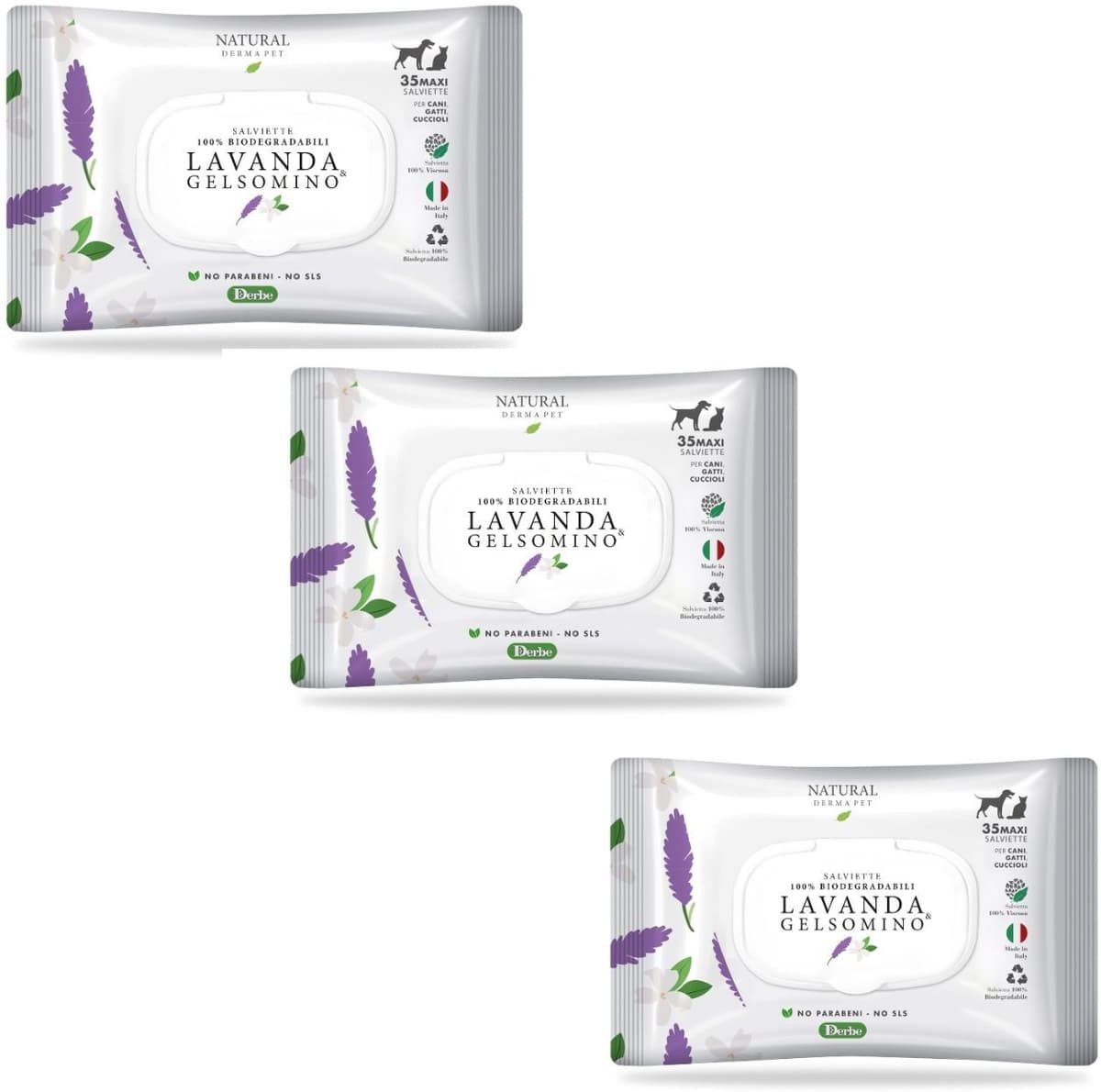 Derbe Natural Derma Pet by Salviette Lavanda e Gelsomino per Cani Gatti e Cuccioli 3 Pz