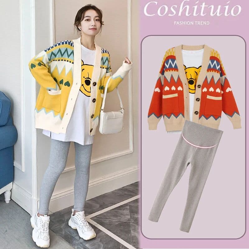 others plus Size Maternity Outfit Set Knitted Loose Top Bottoms Cover Belly Korean Style Cotton Inner Spring Autumn Wear