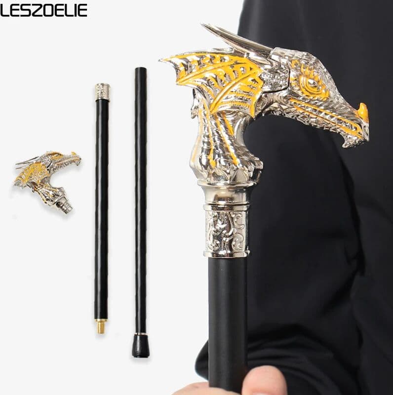 LESZOELIE 92cm Luxury Bright Silver  Dragon Head Walking Stick with Yellow Men and Women Vintage Fashionable Decorative Cane Party Cosplay