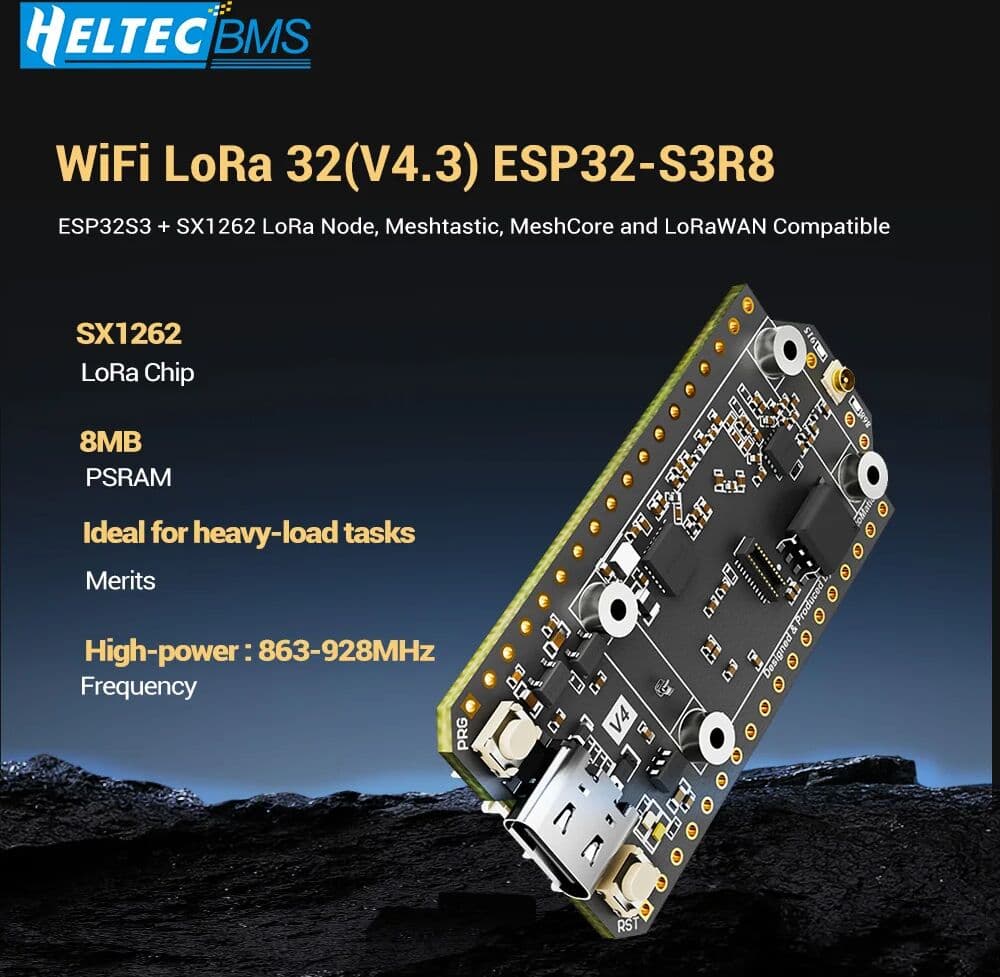 Heltec Automation Heltec WiFi LoRa 32 V4.3 ESP32-S3R8 8MB BLE LoRa Node 863-928MHz Meshtastic and LoRaWAN 0.96 inch OLED Solar Powered Dev-Board